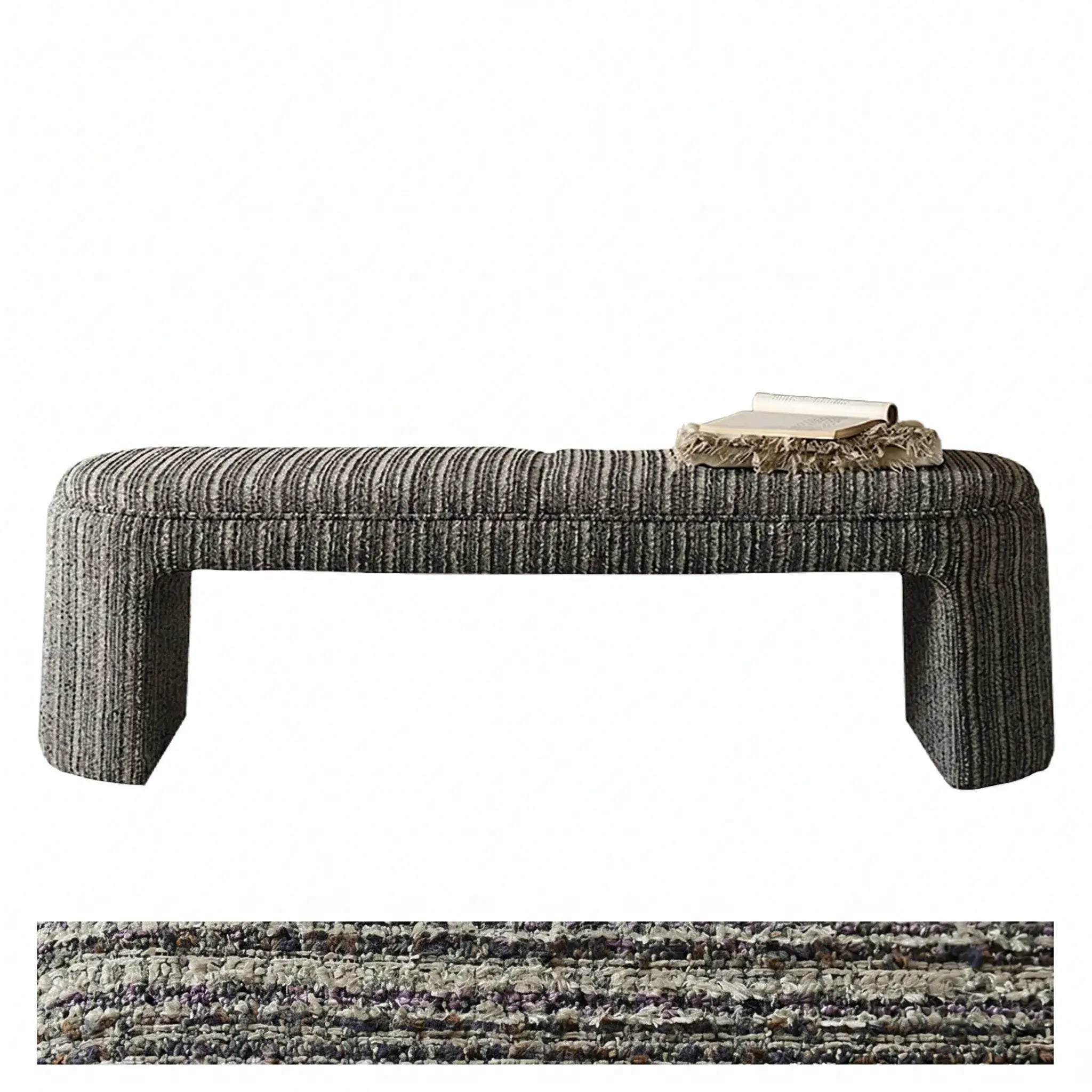 Textured Striped Fabric Bedroom Bench with Rounded Solid Wood Frame