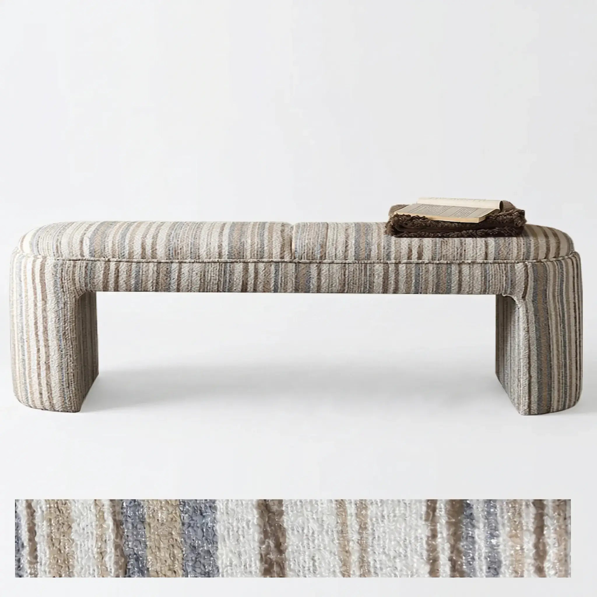 Textured Striped Fabric Bedroom Bench with Rounded Solid Wood Frame