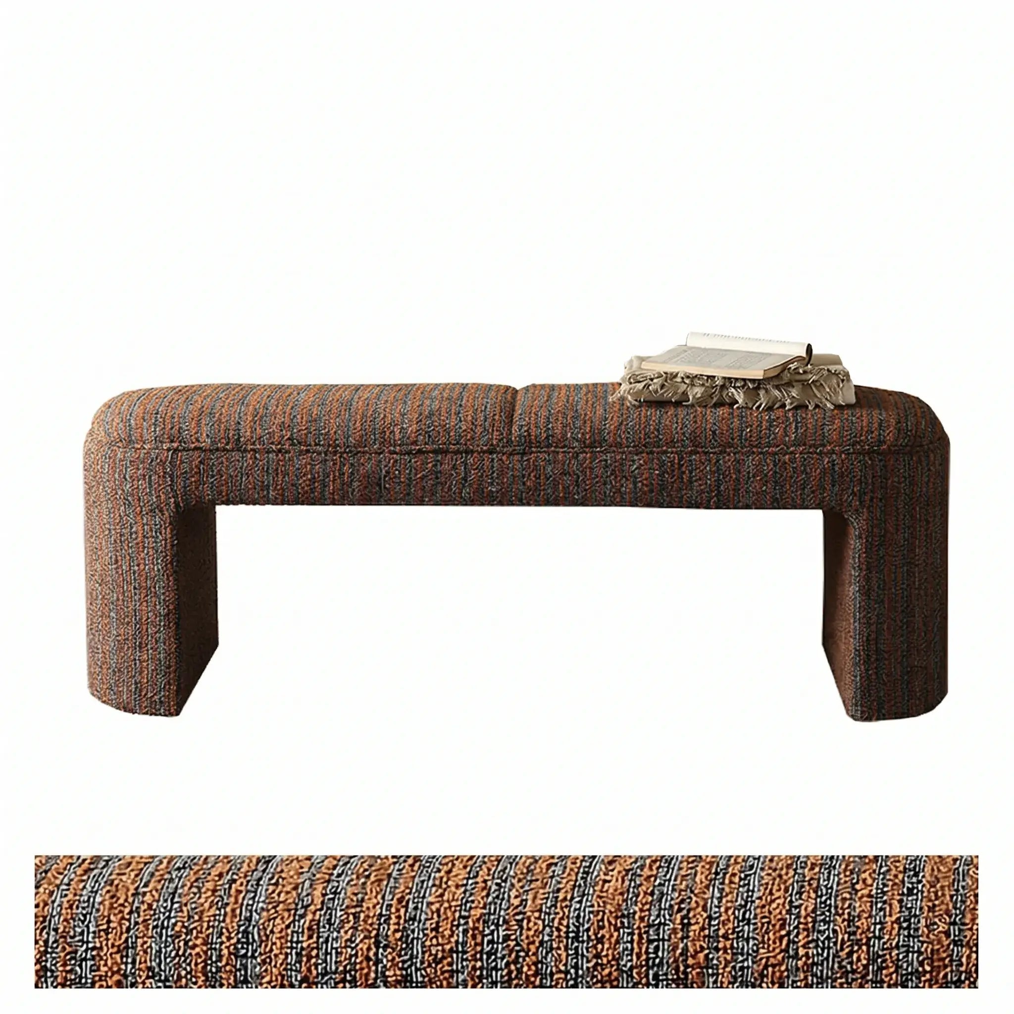 Textured Striped Fabric Bedroom Bench with Rounded Solid Wood Frame