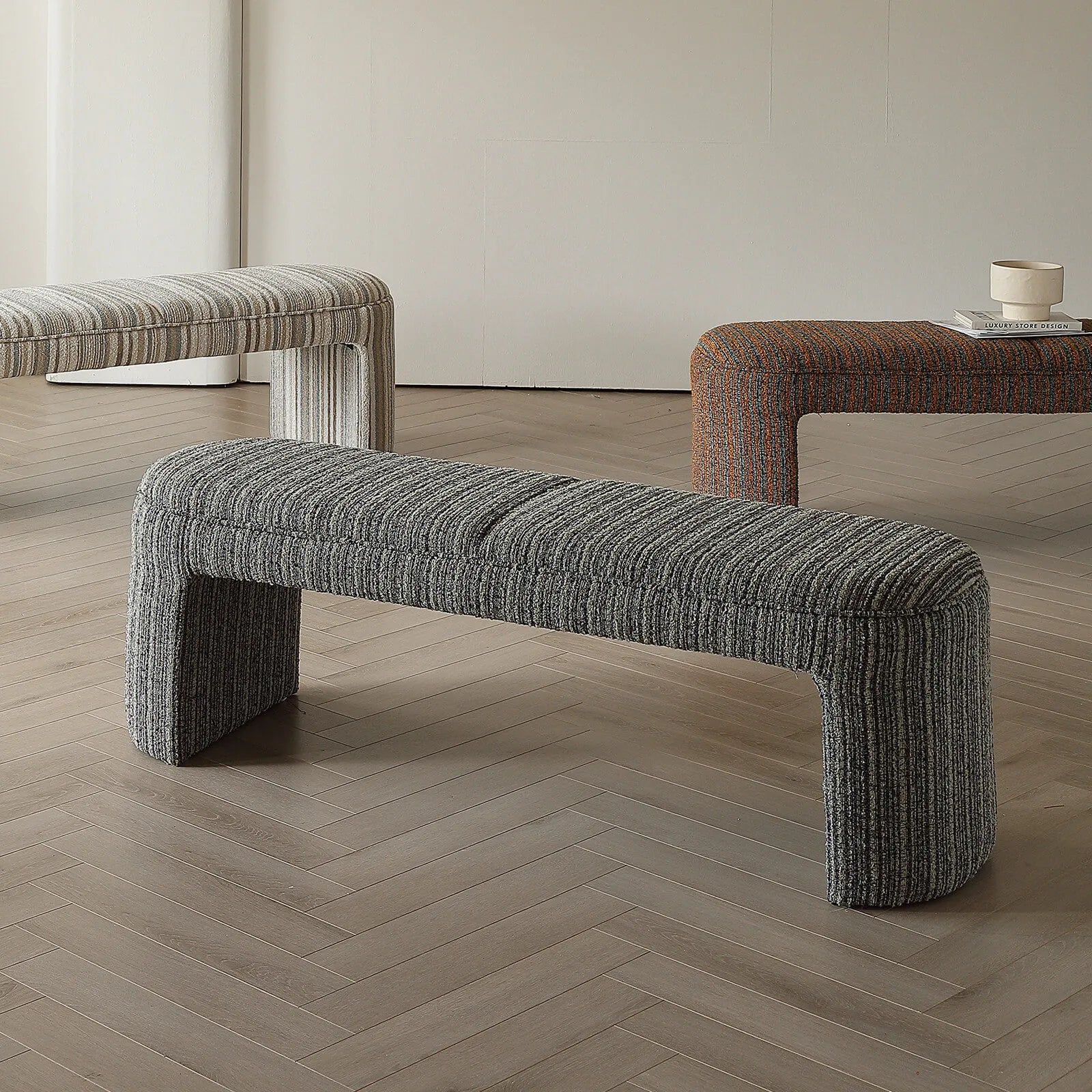 Textured Striped Fabric Bedroom Bench with Rounded Solid Wood Frame