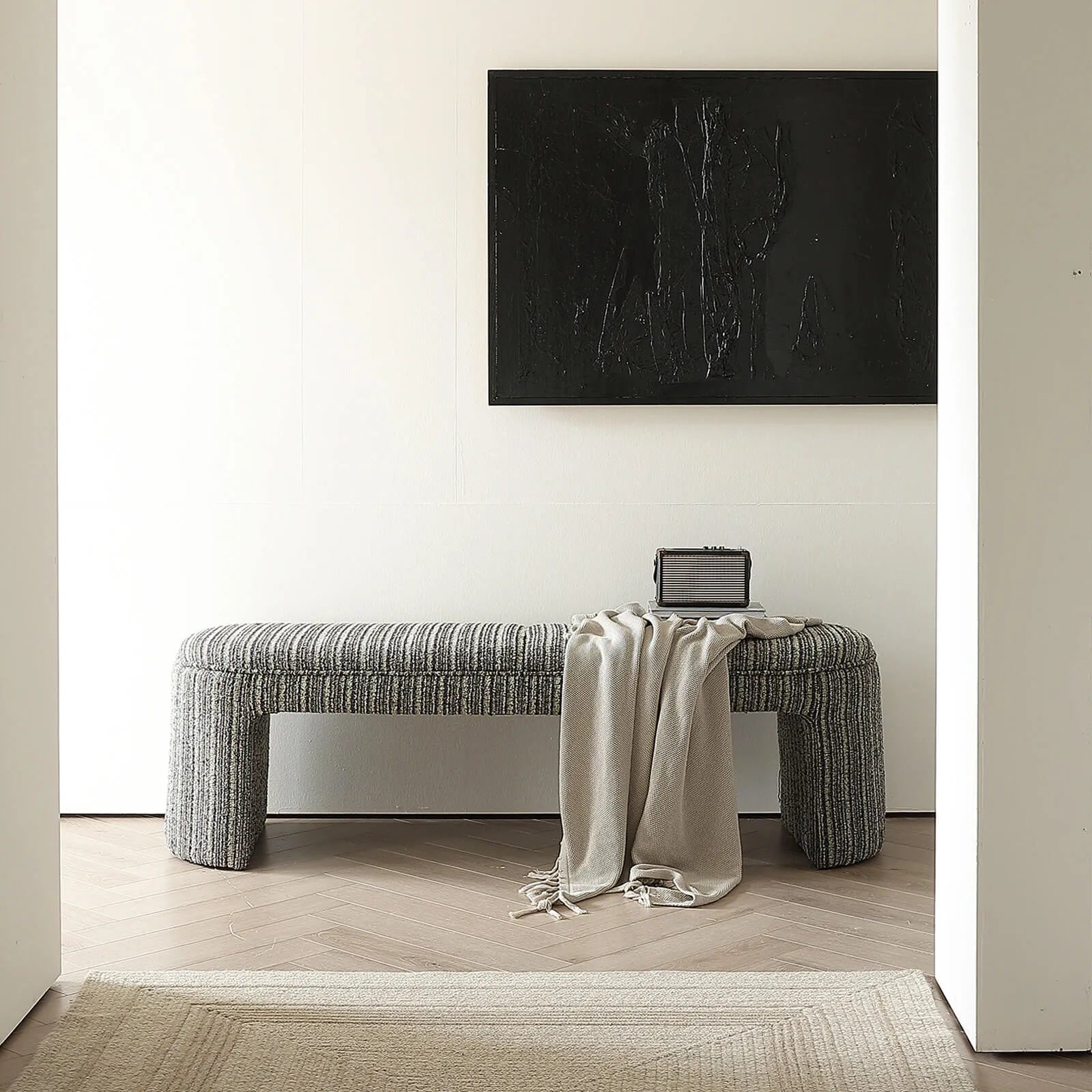 Textured Striped Fabric Bedroom Bench with Rounded Solid Wood Frame Secondary image