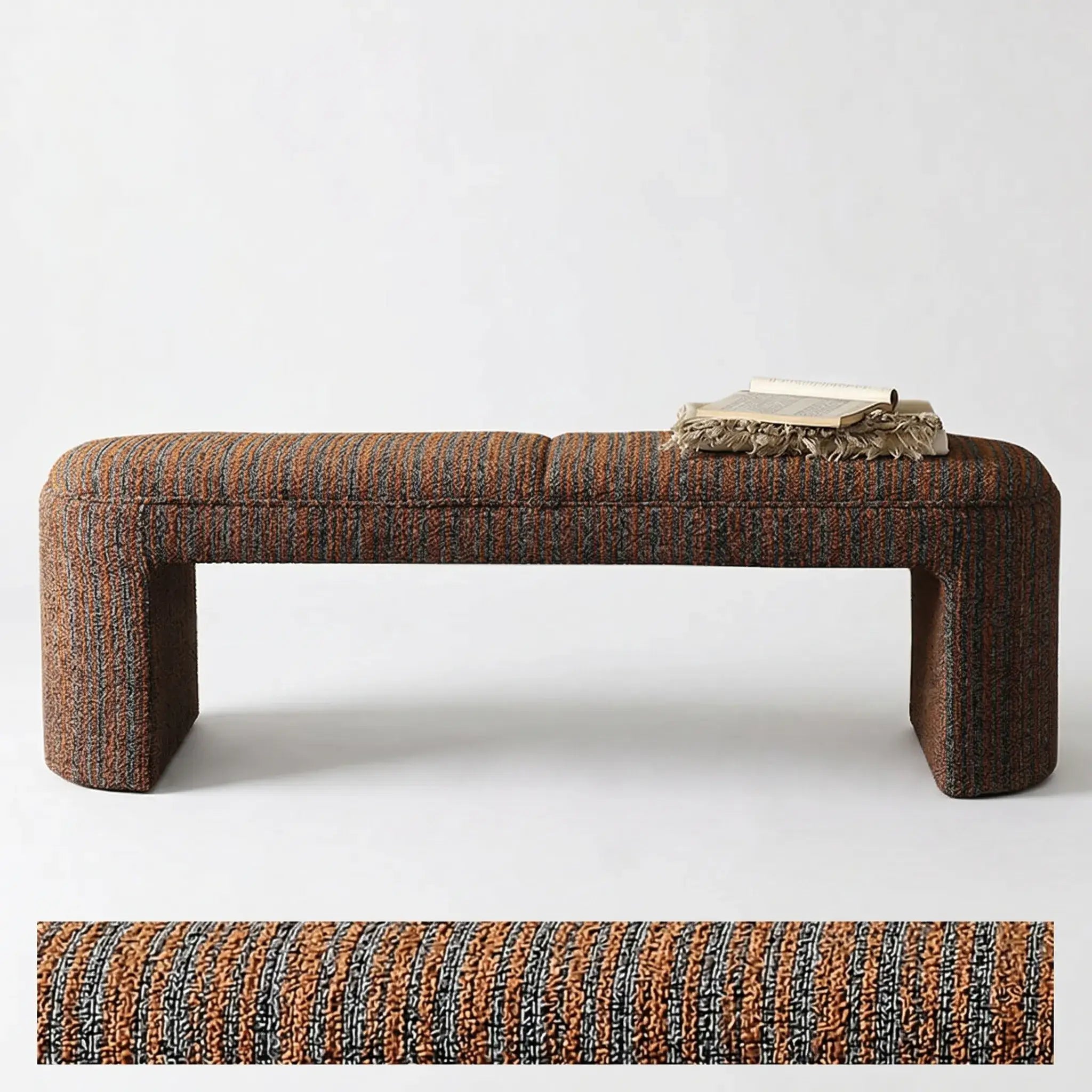 Textured Striped Fabric Bedroom Bench with Rounded Solid Wood Frame
