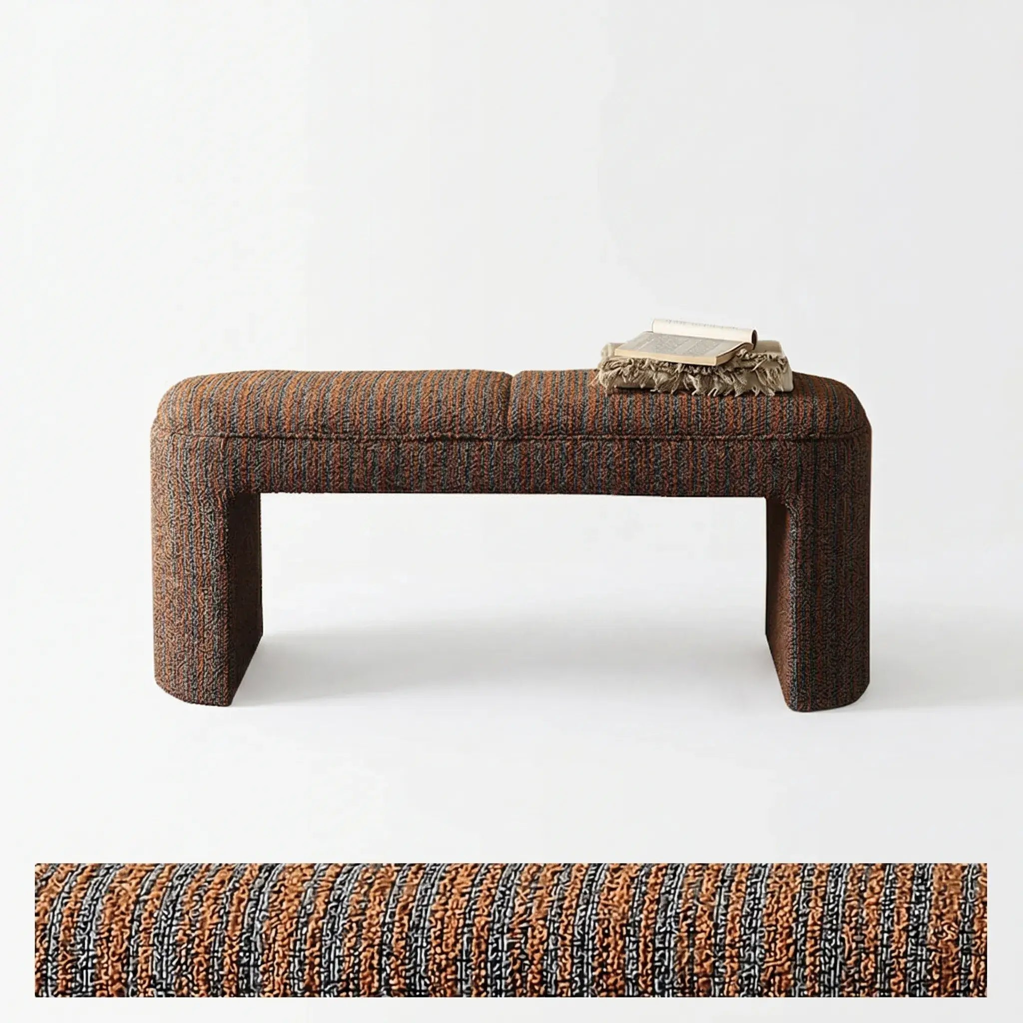 Textured Striped Fabric Bedroom Bench with Rounded Solid Wood Frame
