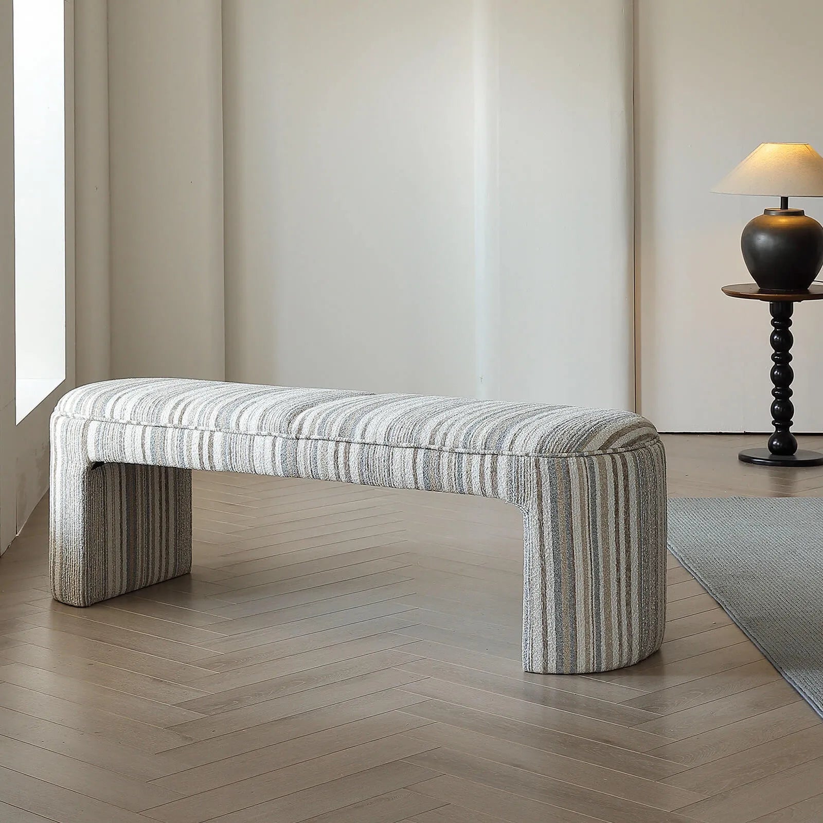 Textured Striped Fabric Bedroom Bench with Rounded Solid Wood Frame
