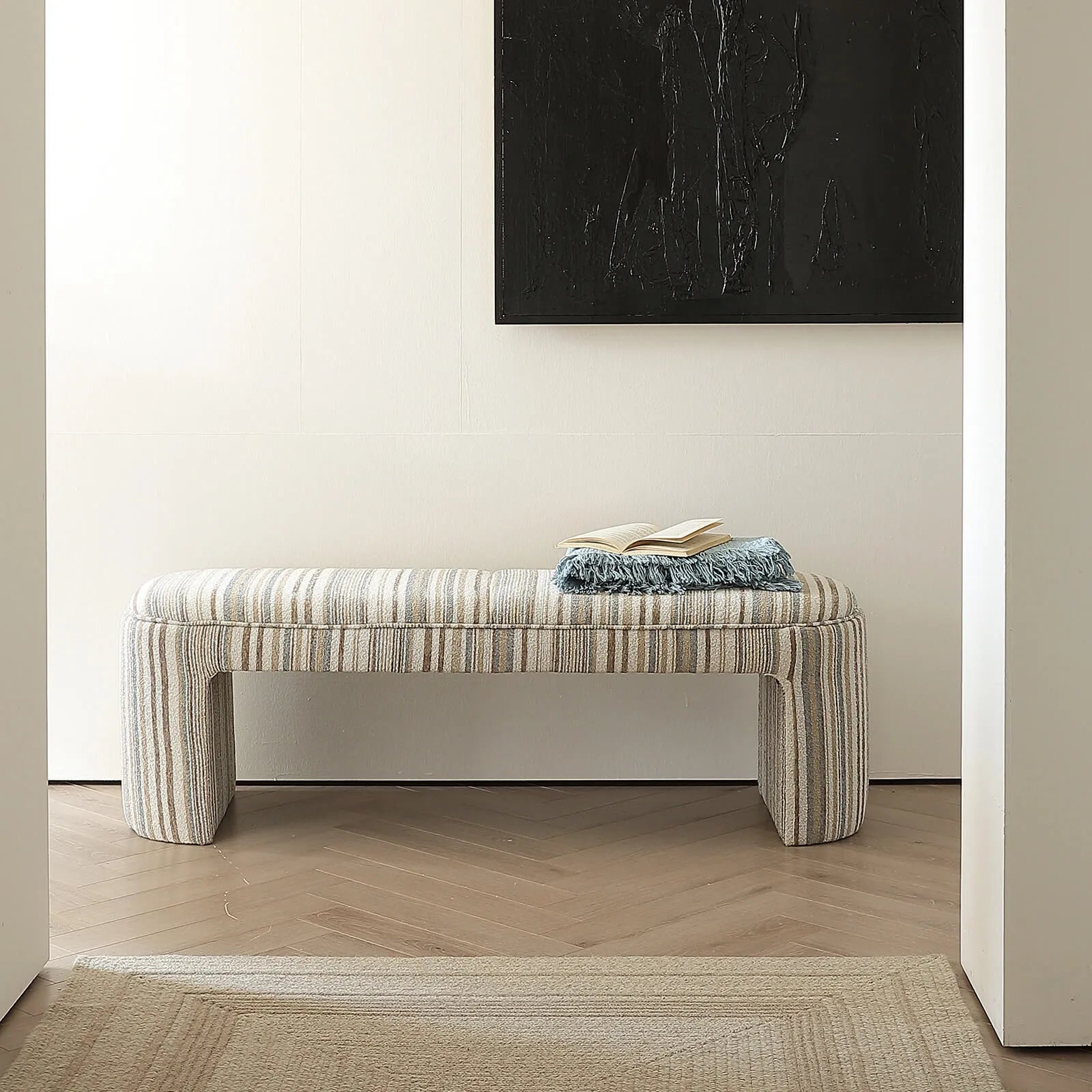 Textured Striped Fabric Bedroom Bench with Rounded Solid Wood Frame Main Product Image