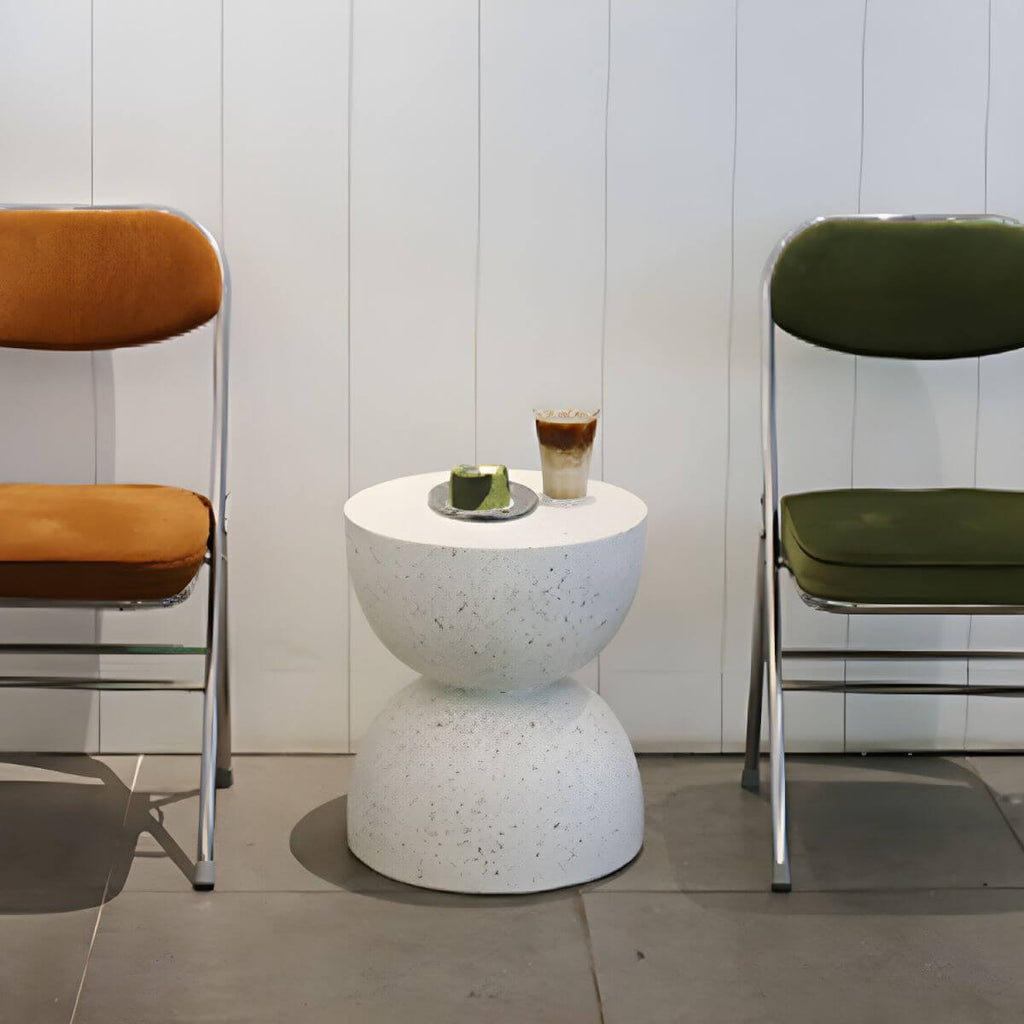 Textured White Concrete Side Table with Hourglass Profile