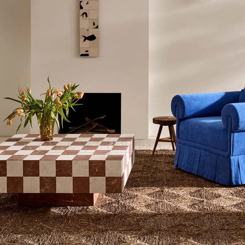 Three-Dimensional Checkerboard Marble Coffee Table with Floating Base