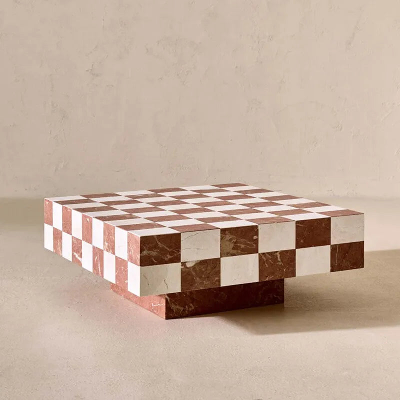 Three-Dimensional Checkerboard Marble Coffee Table with Floating Base