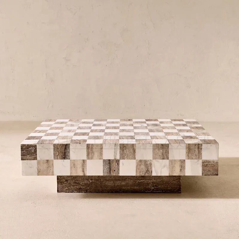 Three-Dimensional Checkerboard Marble Coffee Table with Floating Base