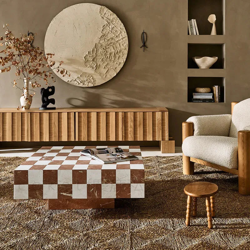 Three-Dimensional Checkerboard Marble Coffee Table with Floating Base Main Product Image