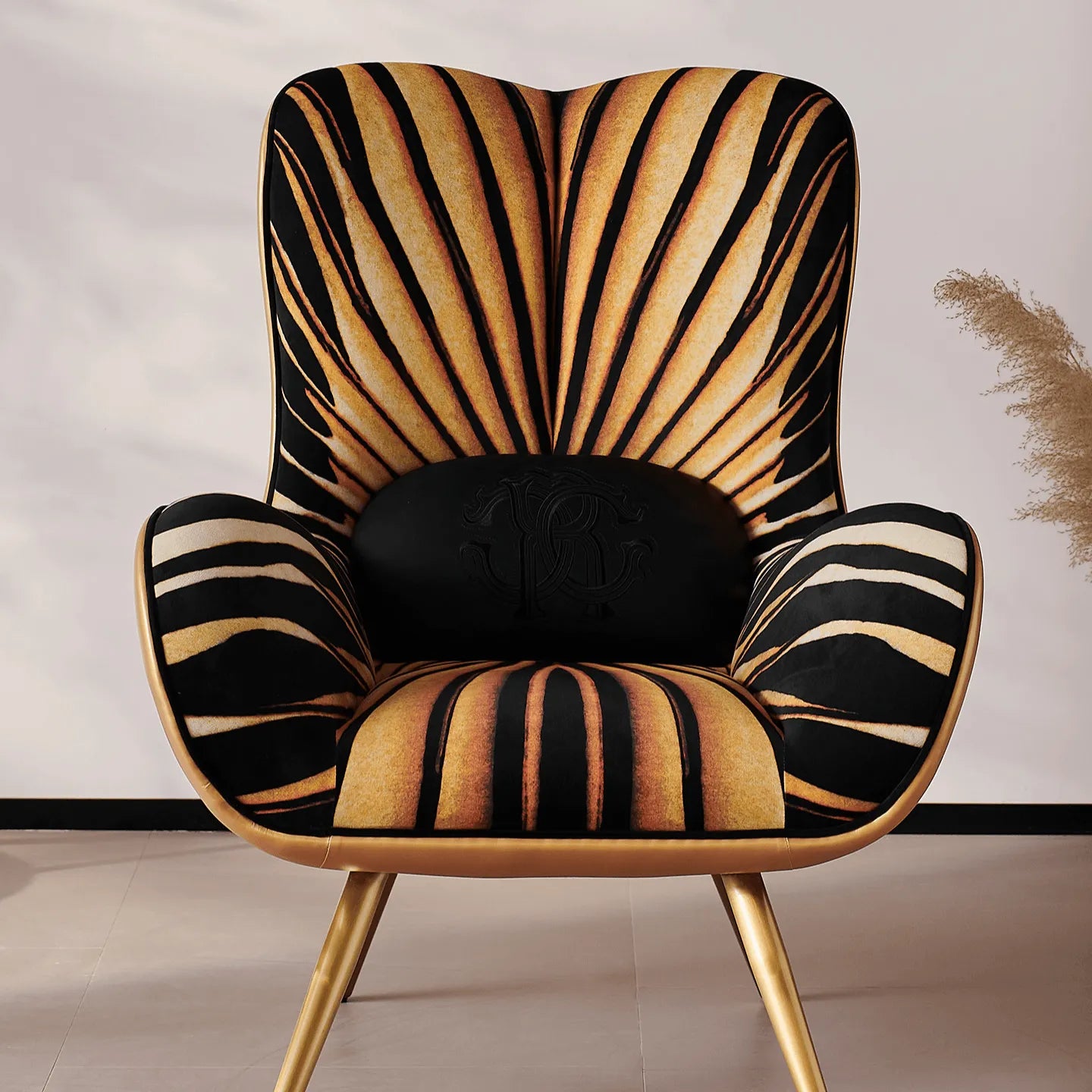 Tiger Print Accent Chair With Caramel Leather Shell and Sculpted High Back Secondary image