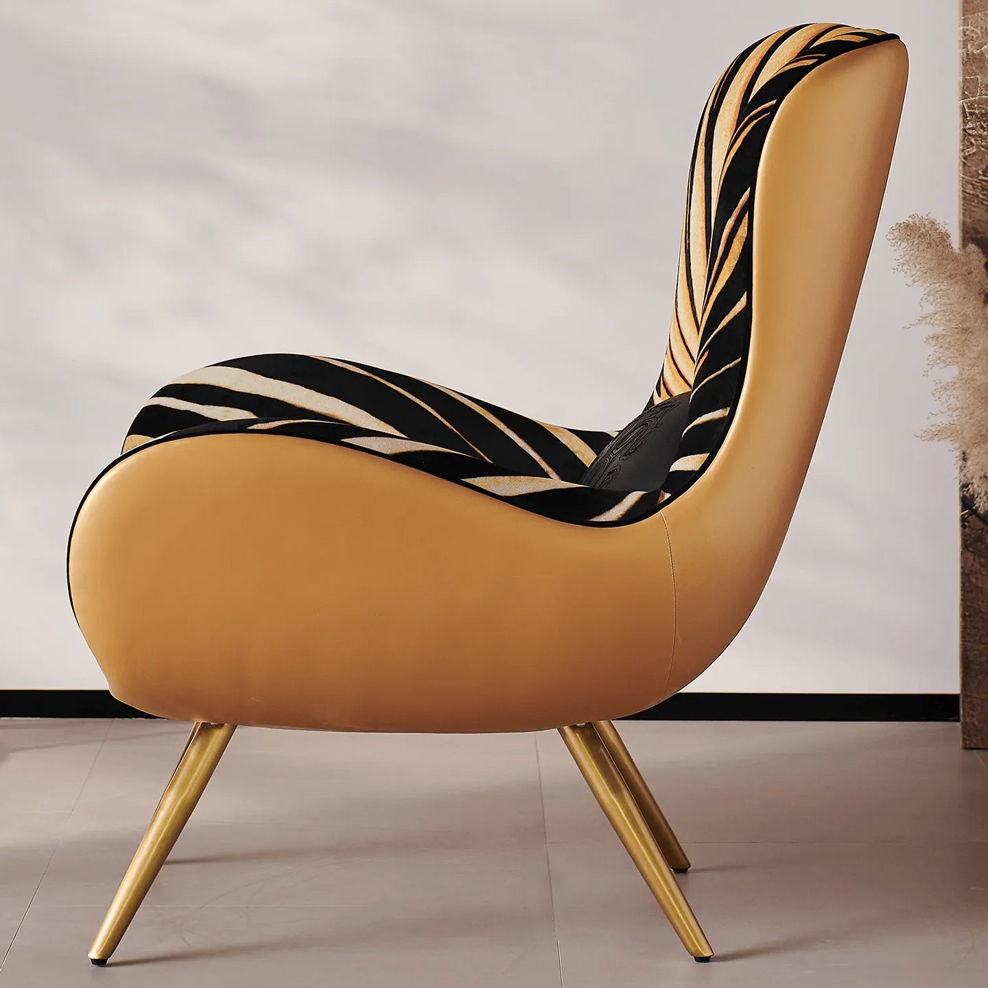 Tiger Print Accent Chair With Caramel Leather Shell and Sculpted High Back