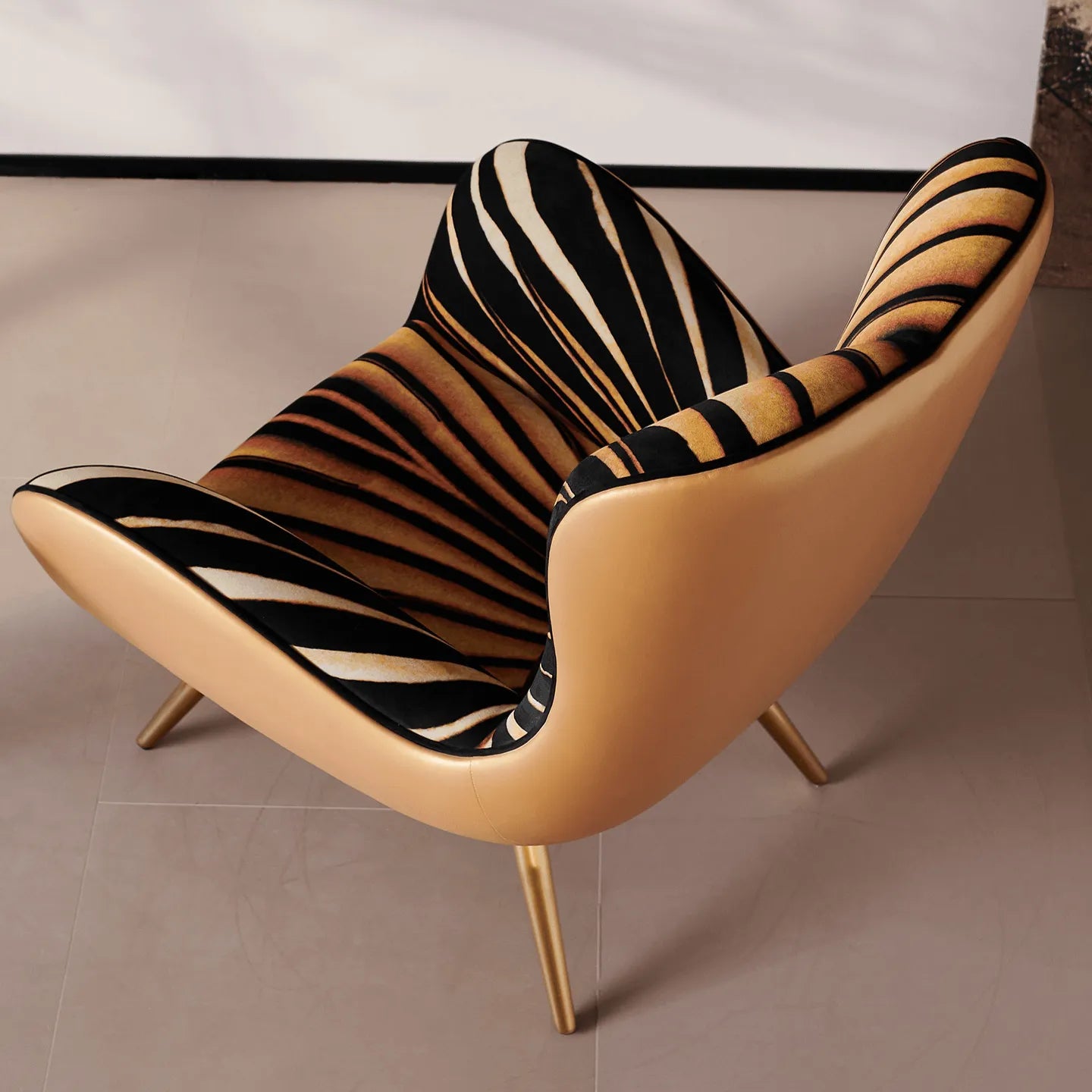 Tiger Print Accent Chair With Caramel Leather Shell and Sculpted High Back