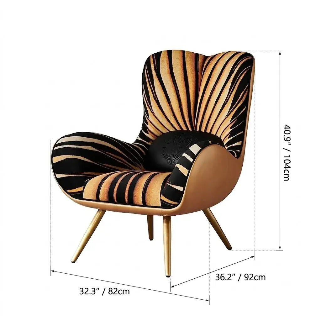 Tiger Print Accent Chair With Caramel Leather Shell and Sculpted High Back Dimensions