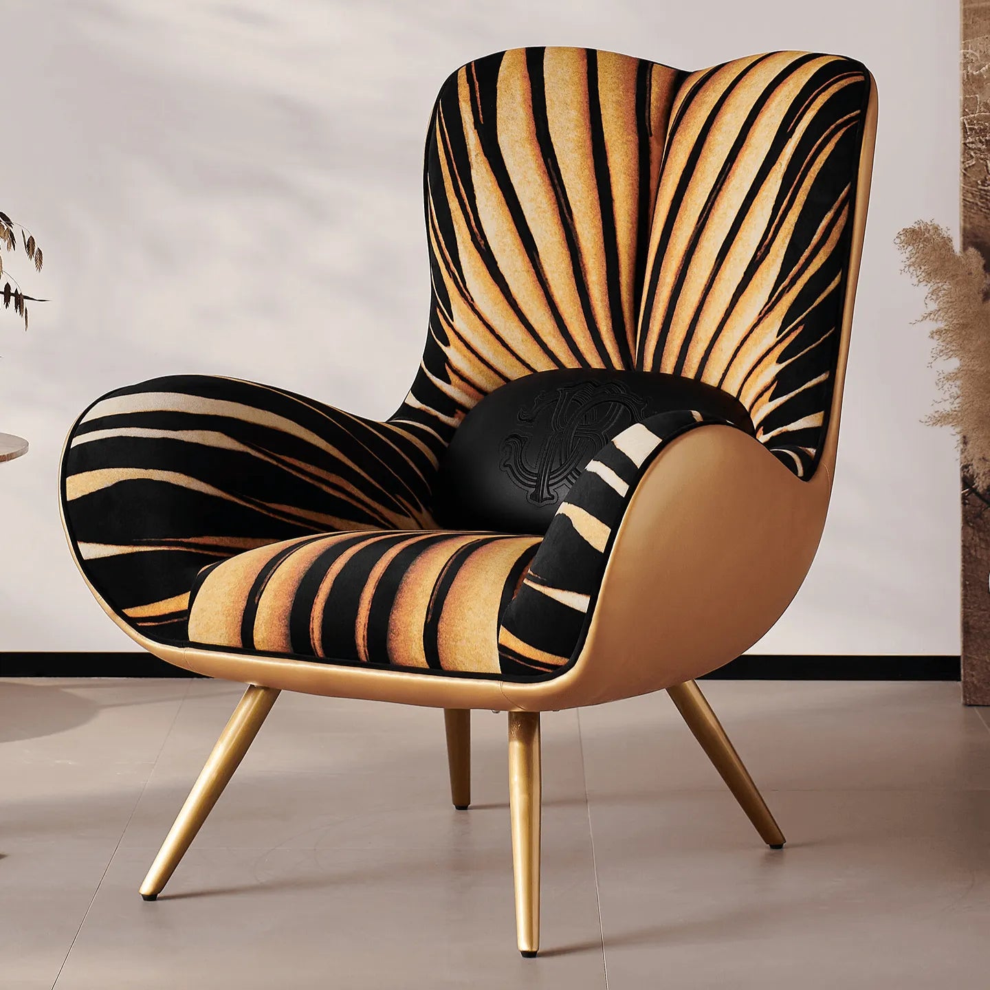 Tiger Print Accent Chair With Caramel Leather Shell and Sculpted High Back Main Product Image Main image