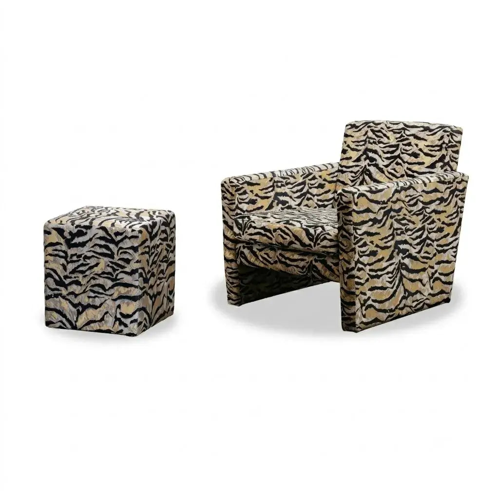 Tiger Print Chair and Ottoman Set, Italian Vintage Lounge Accent