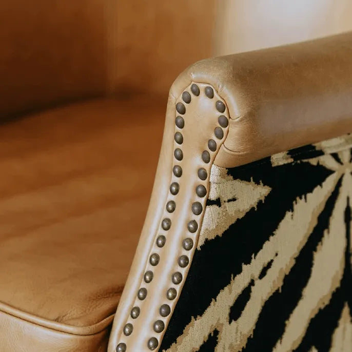 Tiger Print Chair in Waxed Leather with Studded Vintage Lounge Silhouette