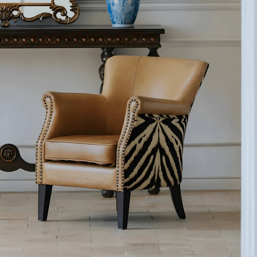 Tiger Print Chair in Waxed Leather with Studded Vintage Lounge Silhouette Main image