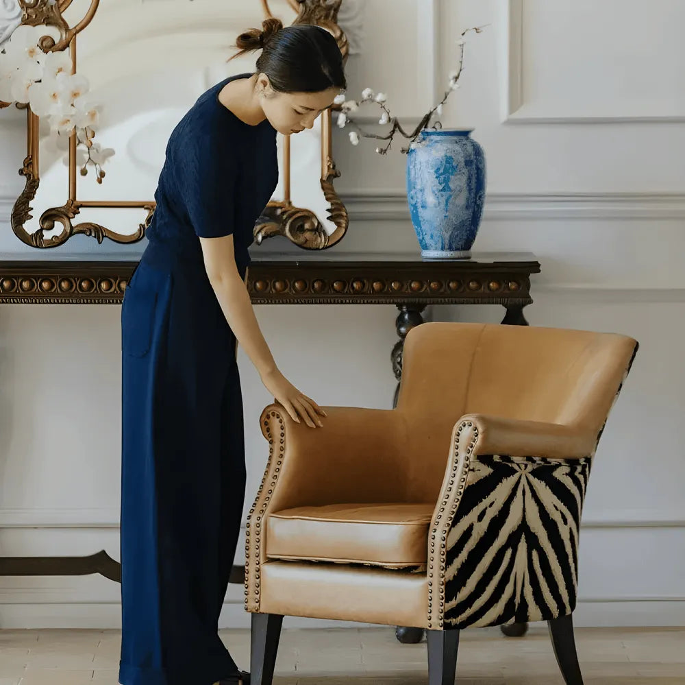 Tiger Print Chair in Waxed Leather with Studded Vintage Lounge Silhouette