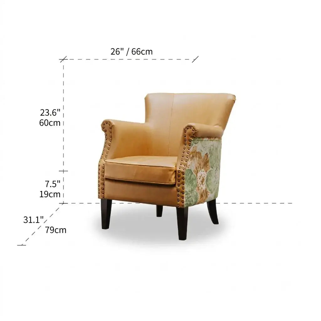 Tiger Print Chair in Waxed Leather with Studded Vintage Lounge Silhouette Dimensions