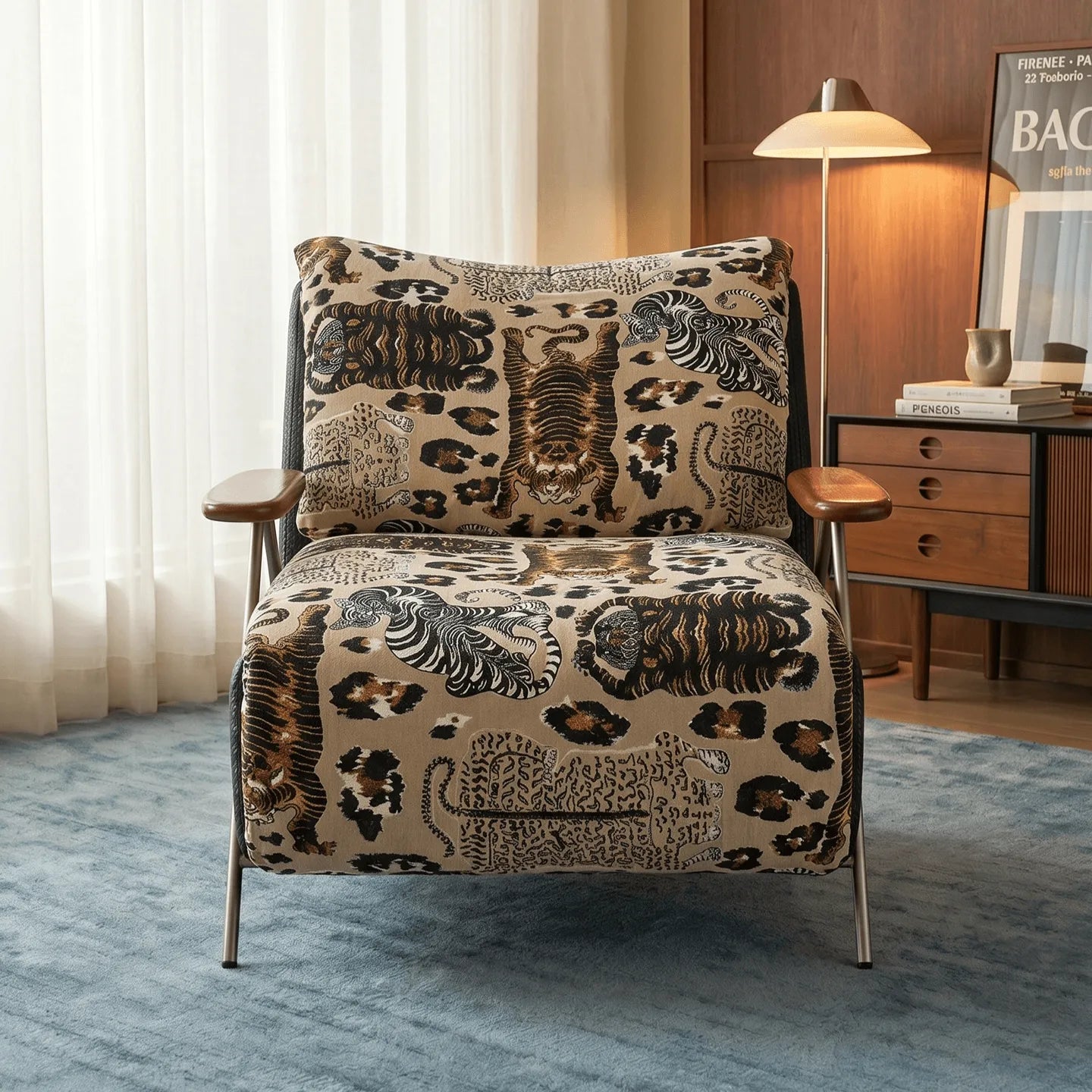 Tiger Print Chair With Embroidered Upholstery and Ash Wood Arms