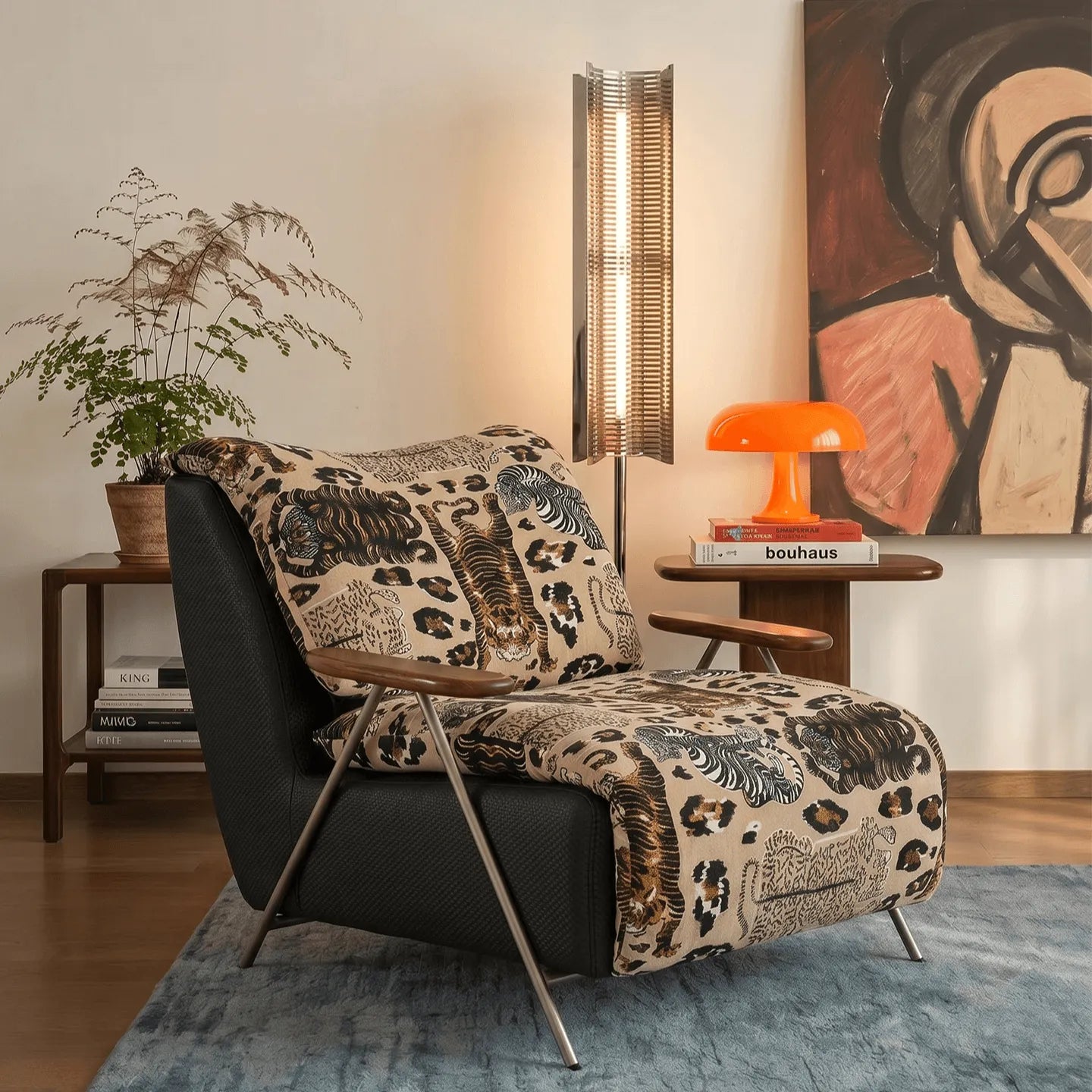 Tiger Print Chair With Embroidered Upholstery and Ash Wood Arms