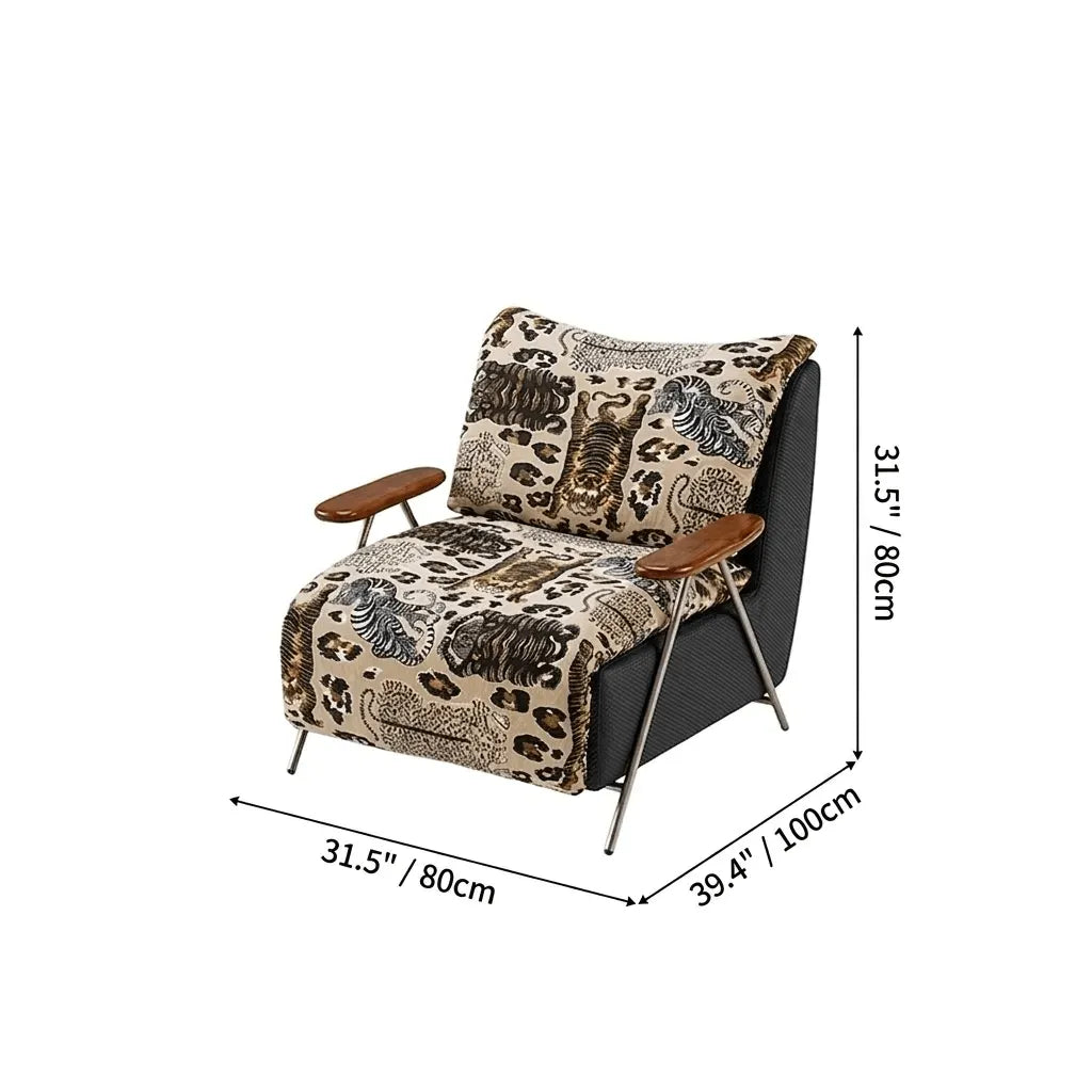 Tiger Print Chair With Embroidered Upholstery and Ash Wood Arms Dimensions