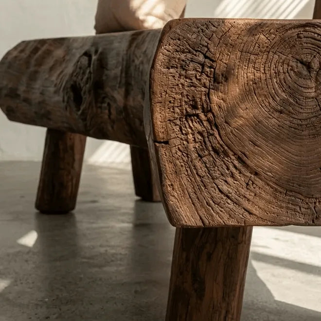 Time-Worn Solid Wood Indoor Bench: Wabi-Sabi Seating with Tactile Warmth