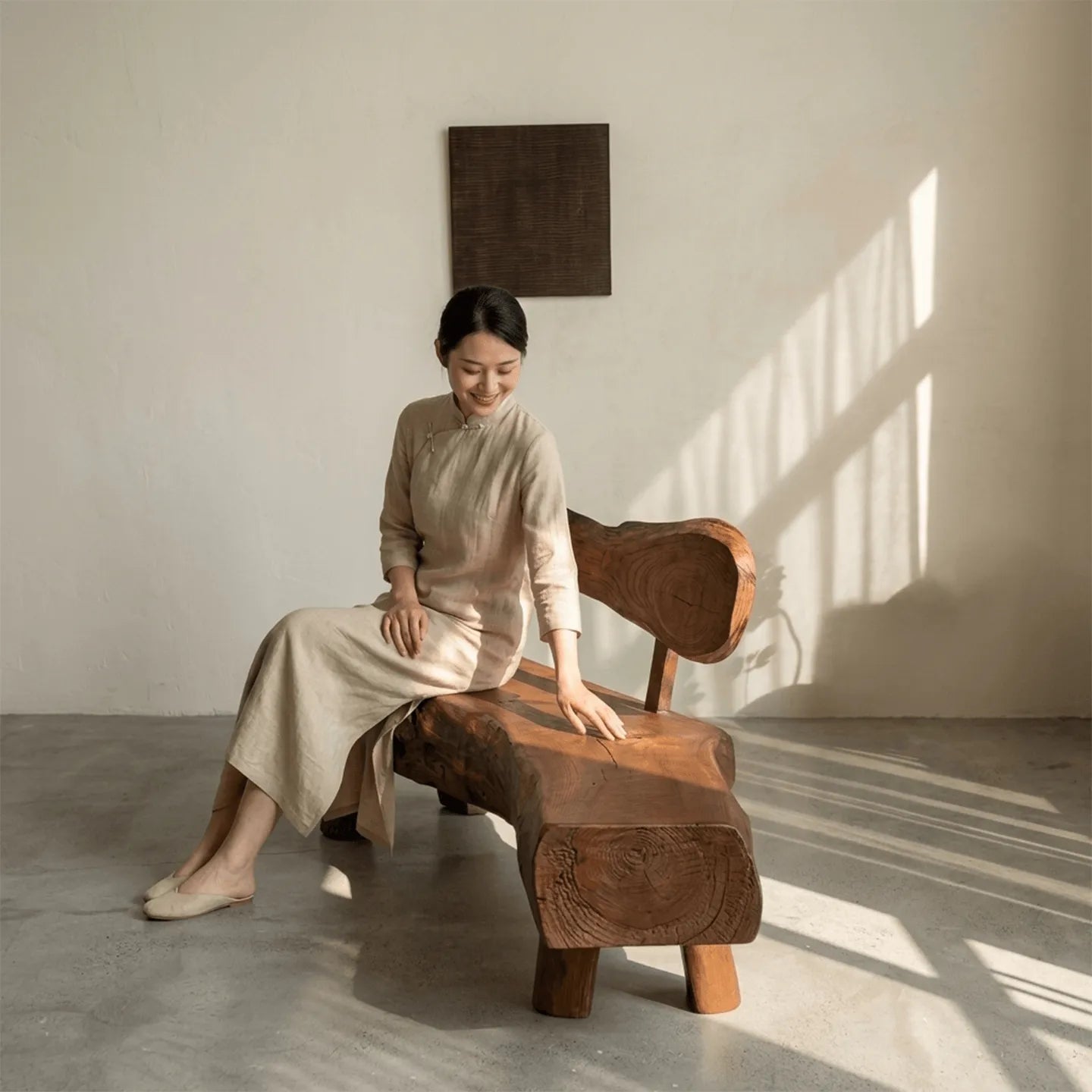 Time-Worn Solid Wood Indoor Bench: Wabi-Sabi Seating with Tactile Warmth