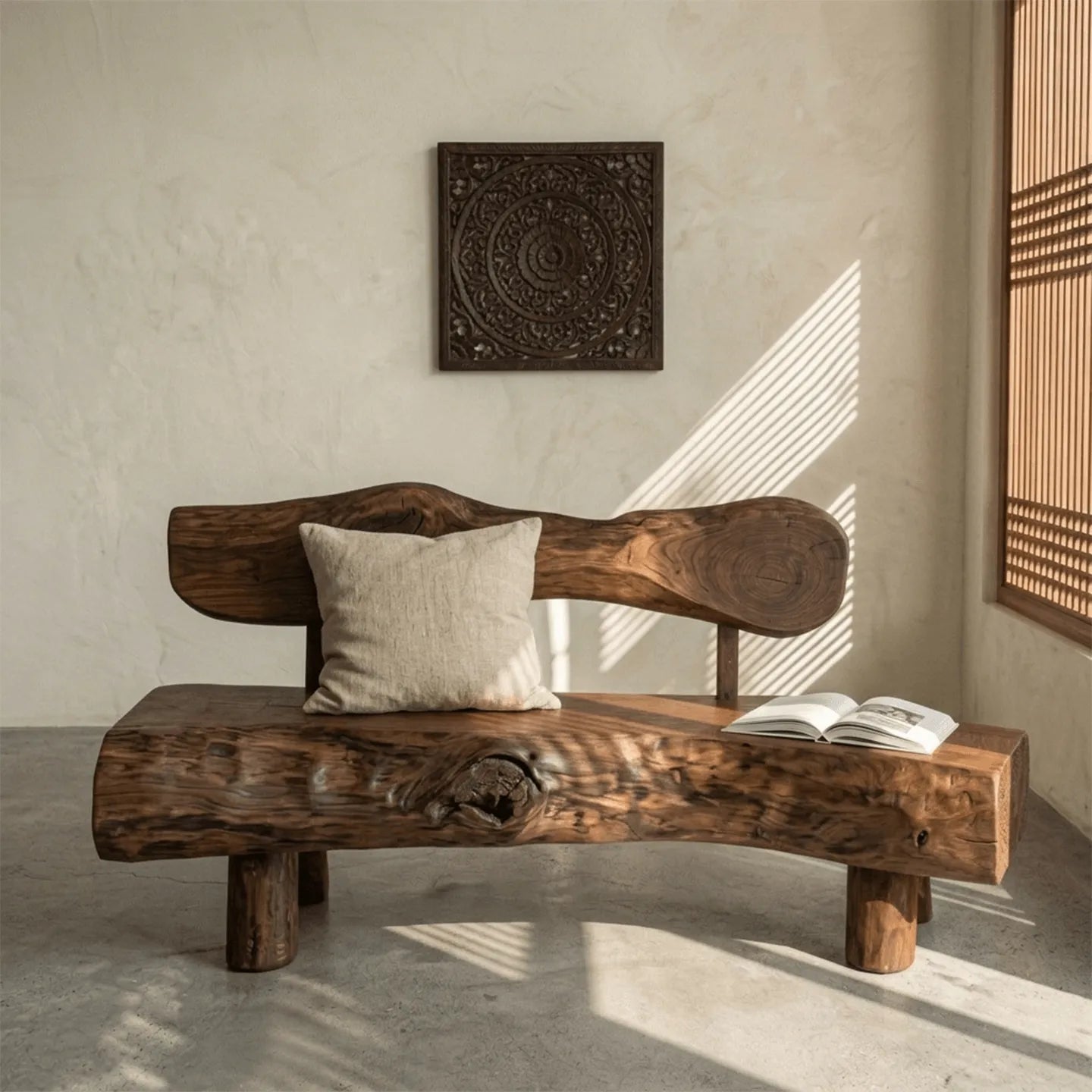 Time-Worn Solid Wood Indoor Bench: Wabi-Sabi Seating with Tactile Warmth Main Product Image Main image