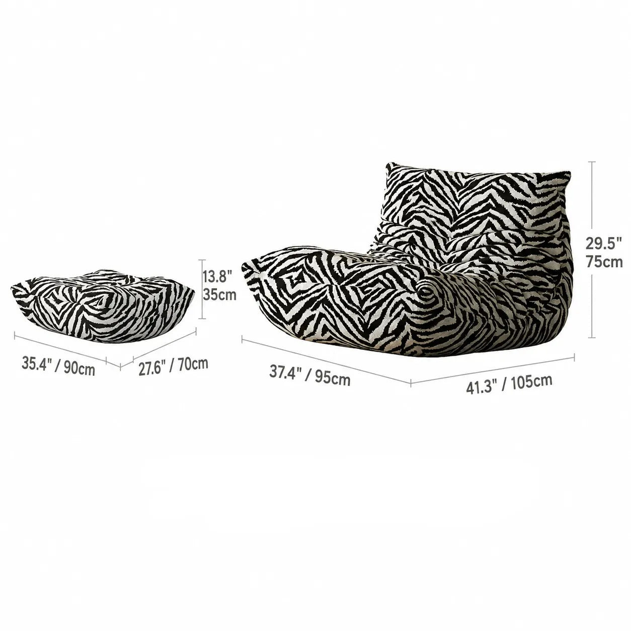 Togo Caterpillar Zebra Accent Lounge Chair with Sculpted Low Profile Dimensions
