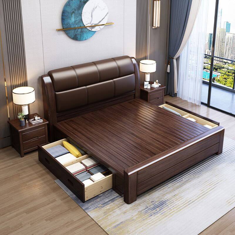Traditional Brown Panel Bed with Deep Faux Leather Headboard