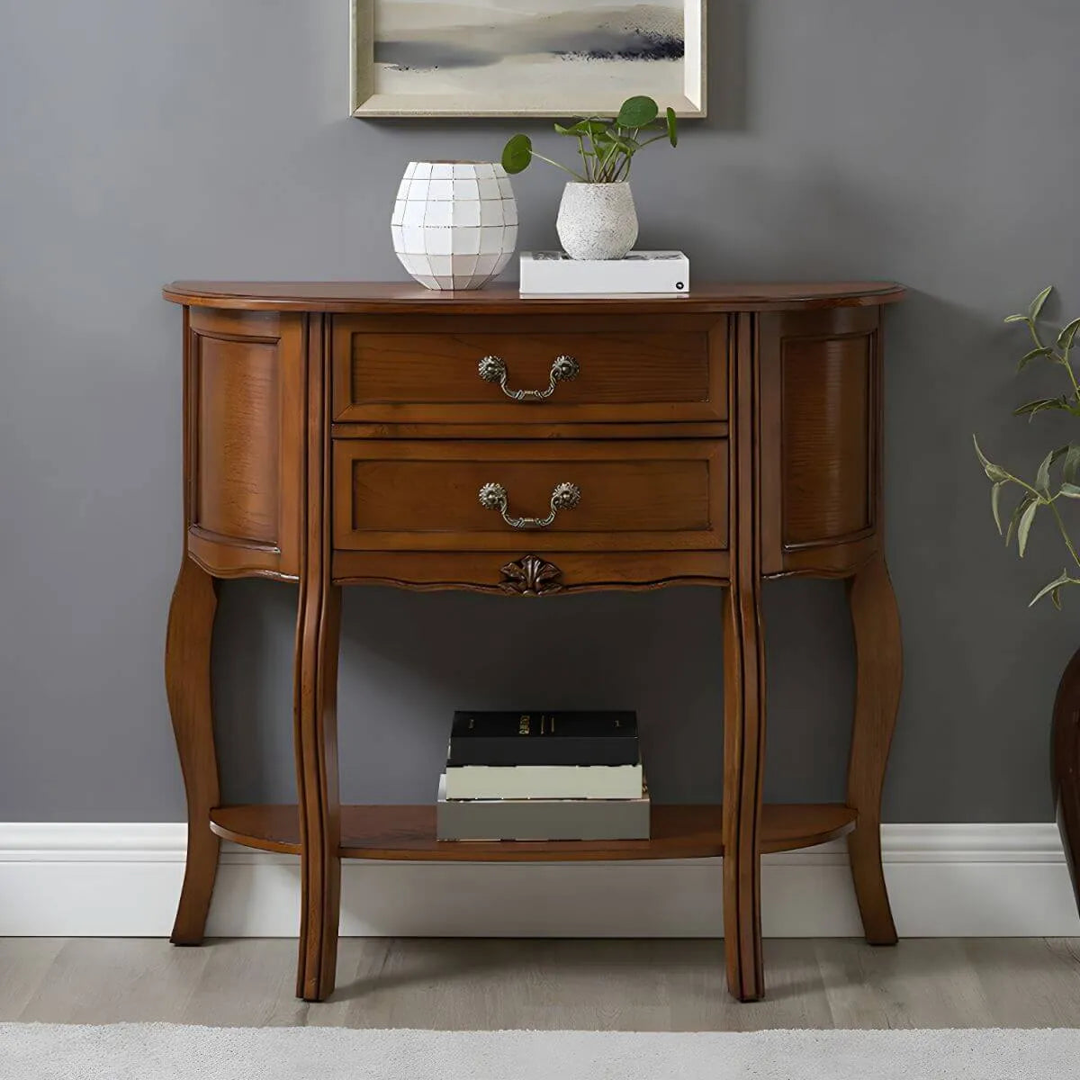 Traditional Half-Moon Console Table with Drawers – Solid Wood Entry Table in Walnut