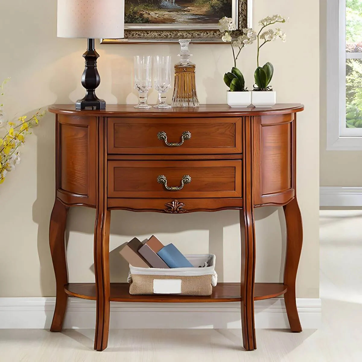 Traditional Half-Moon Console Table with Drawers – Solid Wood Entry Table in Walnut Secondary image