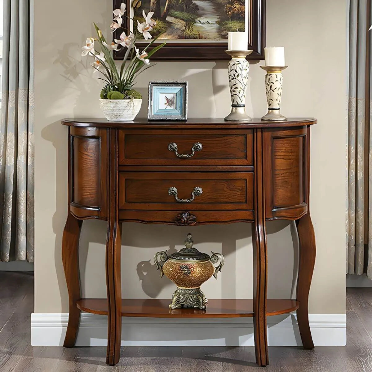 Traditional Half-Moon Console Table with Drawers – Solid Wood Entry Table in Walnut Main Product Image Main image