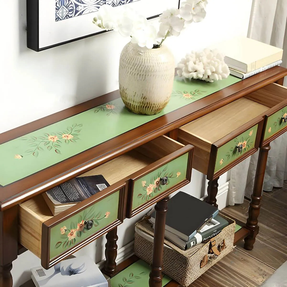 Traditional Hand-Painted Wood Console Table with Drawers and Open Shelf