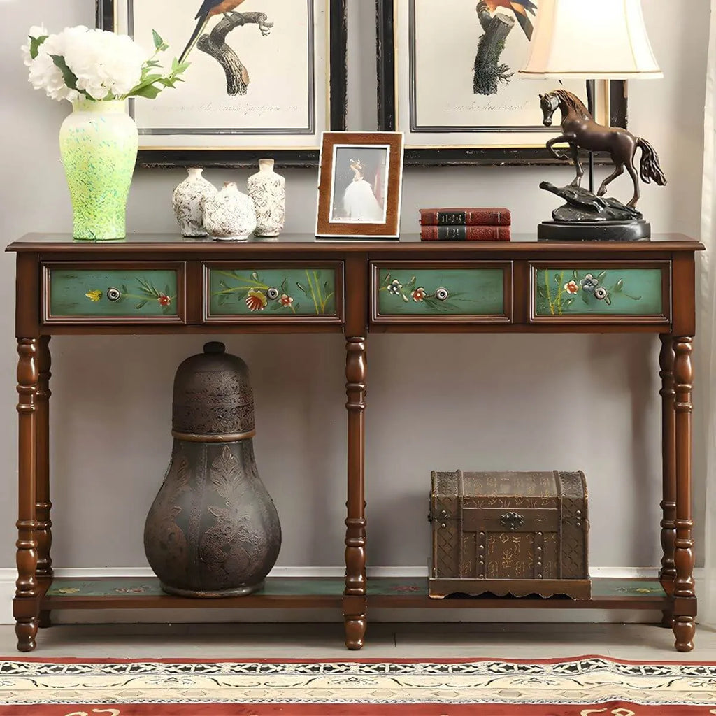 Traditional Hand-Painted Wood Console Table with Drawers and Open Shelf