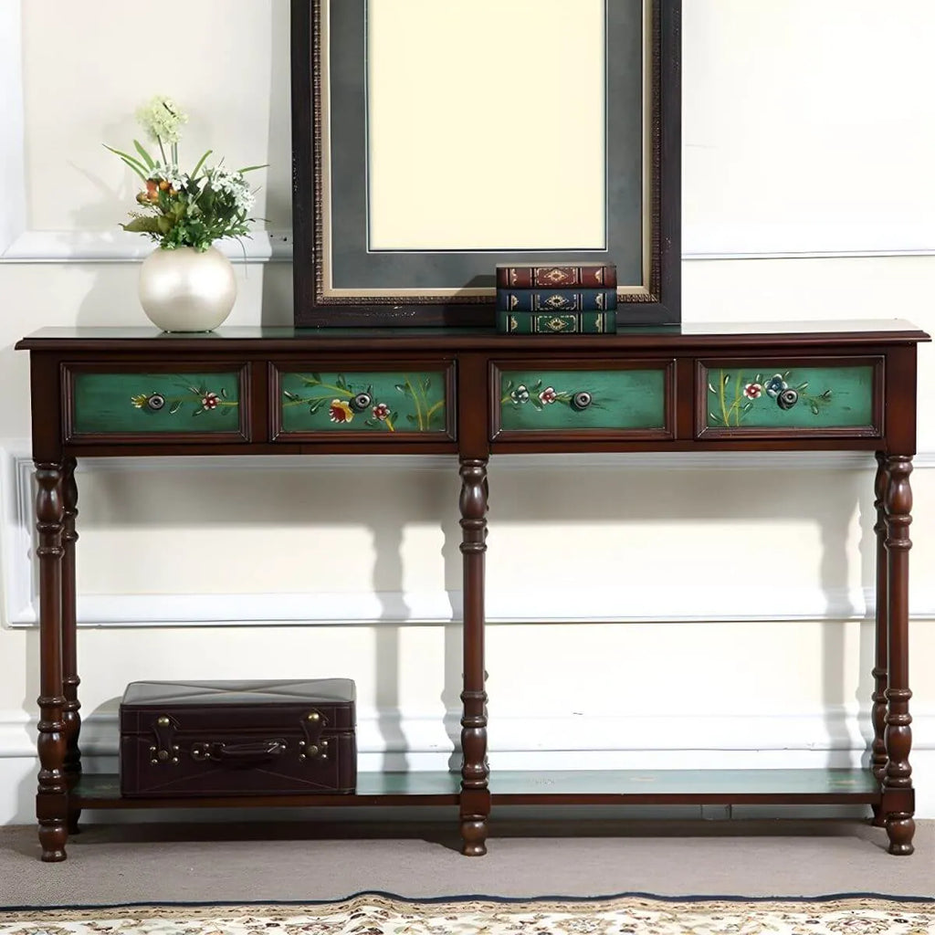 Traditional Hand-Painted Wood Console Table with Drawers and Open Shelf