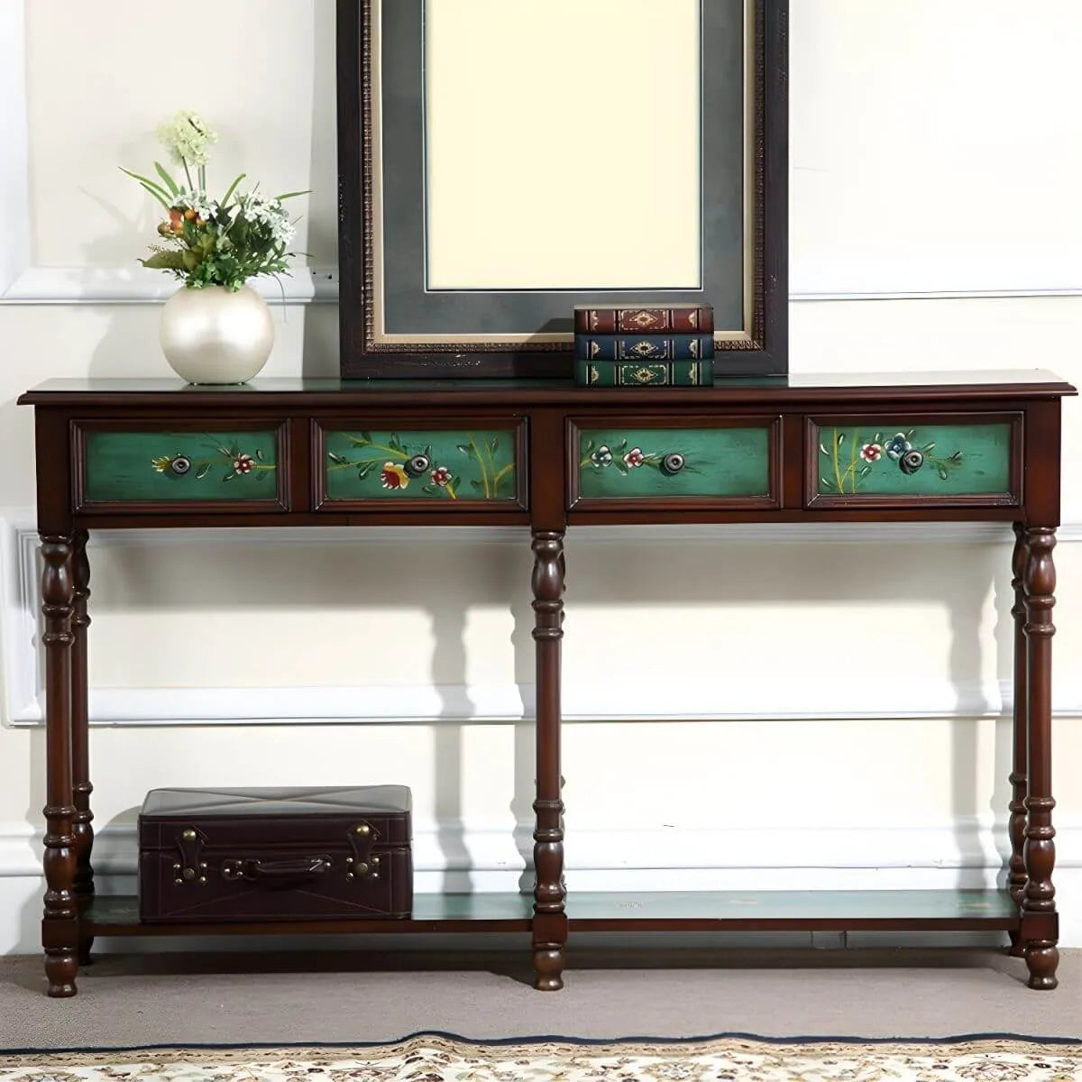Traditional Hand-Painted Wood Console Table with Drawers and Open Shelf