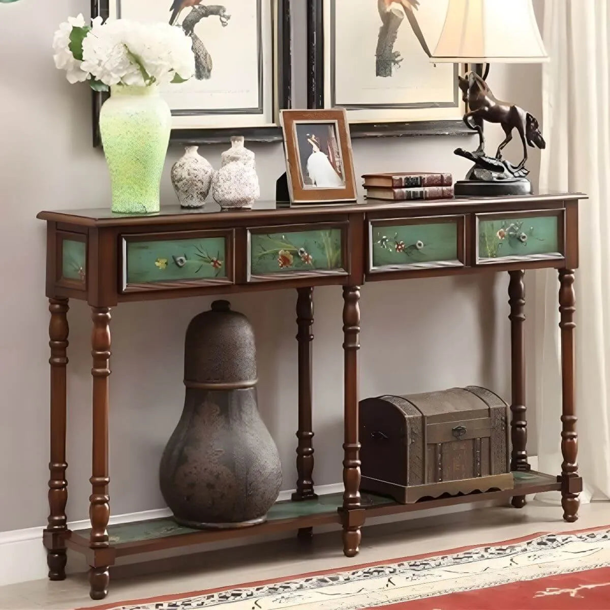 Traditional Hand-Painted Wood Console Table with Drawers and Open Shelf Secondary image