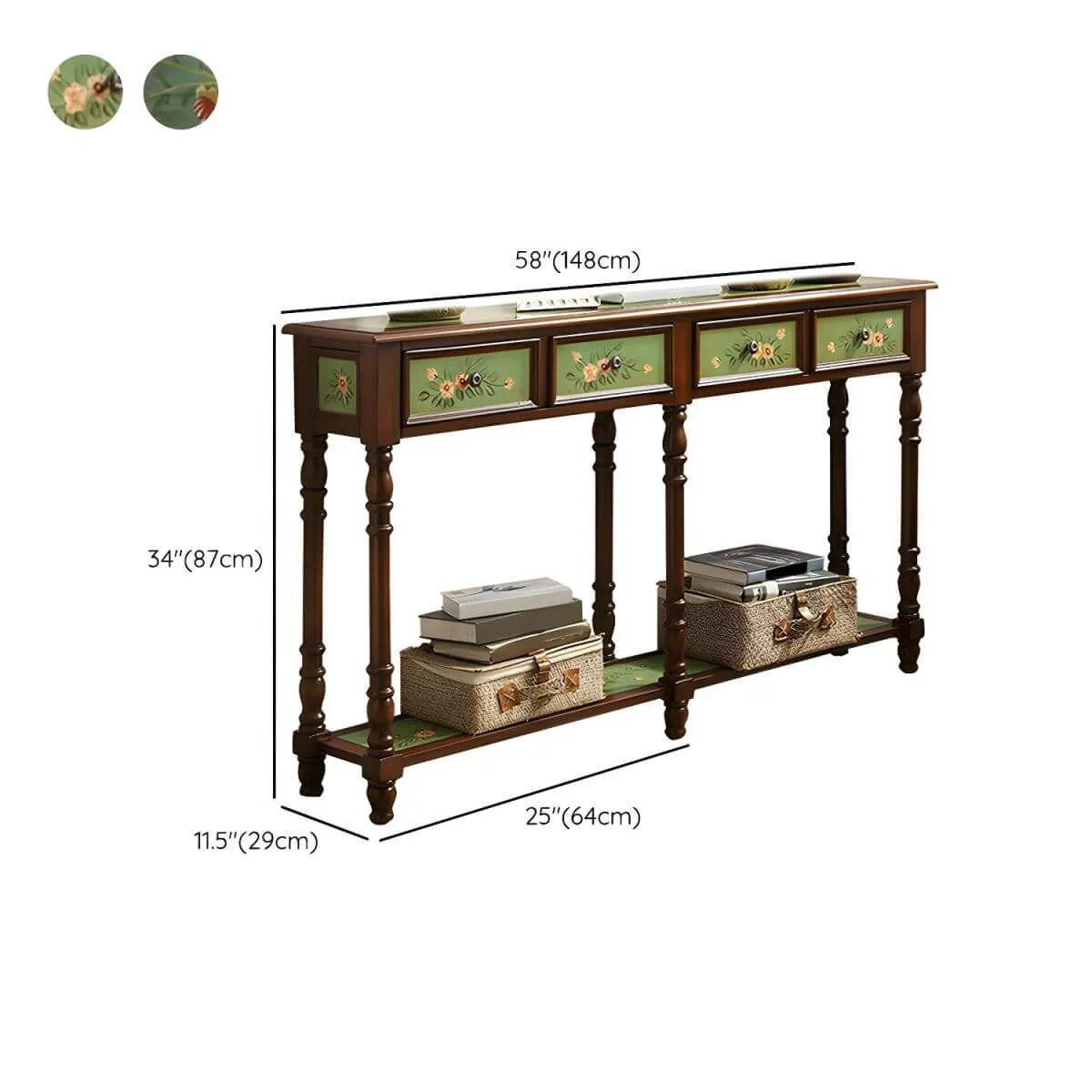 Traditional Hand-Painted Wood Console Table with Drawers and Open Shelf Dimensions