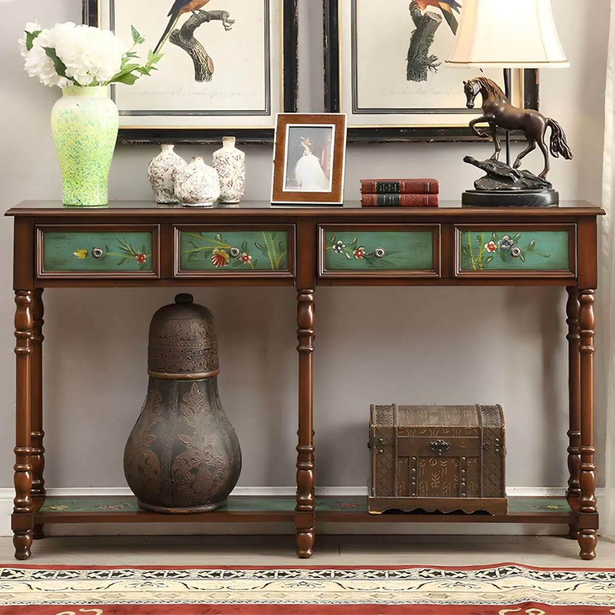 Traditional Hand-Painted Wood Console Table with Drawers and Open Shelf Main Product Image Main image
