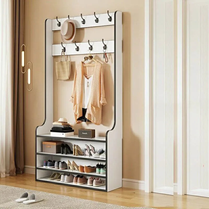 Traditional MDF Hall Tree with Adjustable Shelves & Double-Prong Hooks