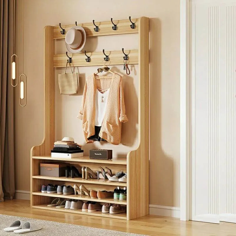 Traditional MDF Hall Tree with Adjustable Shelves & Double-Prong Hooks