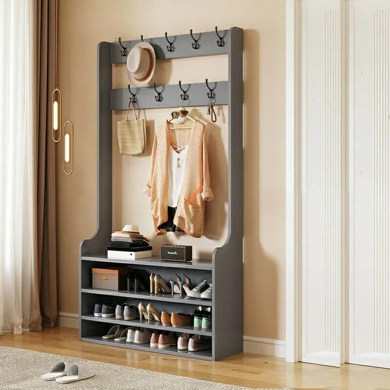 Traditional MDF Hall Tree with Adjustable Shelves & Double-Prong Hooks