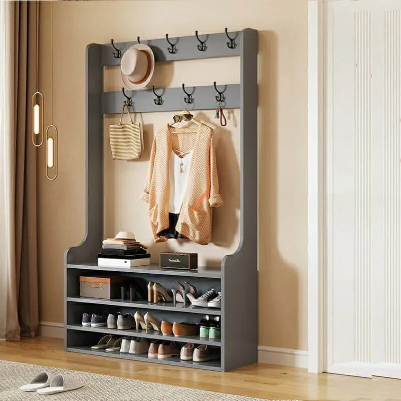 Traditional MDF Hall Tree with Adjustable Shelves & Double-Prong Hooks