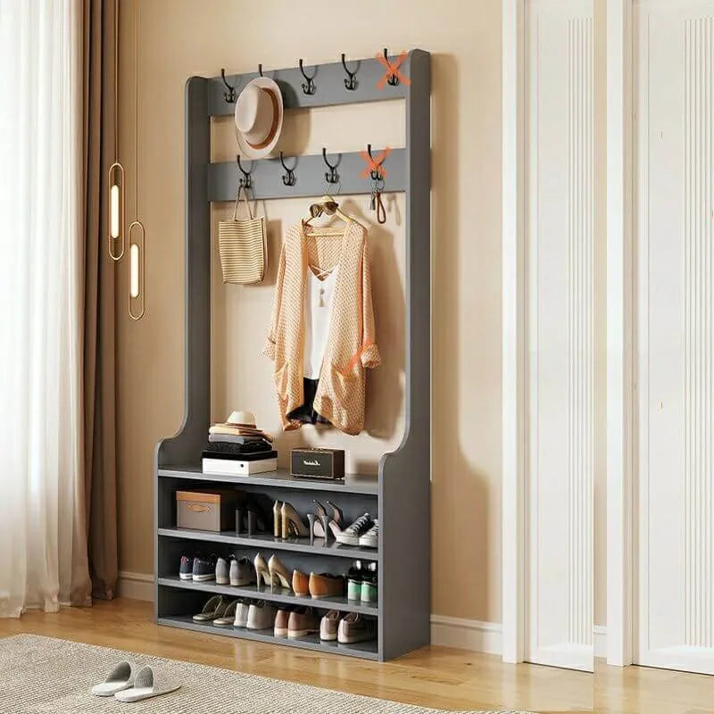 Traditional MDF Hall Tree with Adjustable Shelves & Double-Prong Hooks