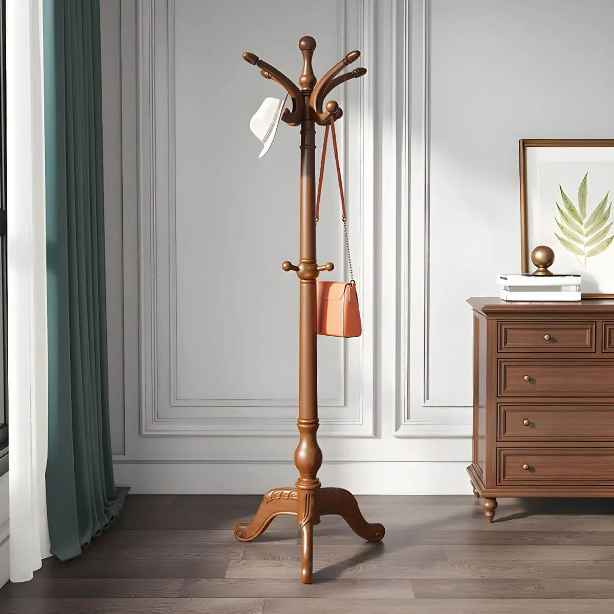 Traditional Solid Rubberwood Hall Tree with Spiral-Turned Post and Hooks