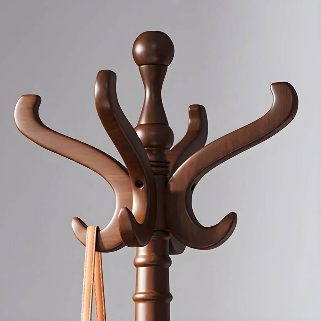Traditional Solid Rubberwood Hall Tree with Spiral-Turned Post and Hooks