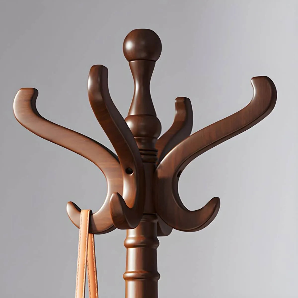 Traditional Solid Rubberwood Hall Tree with Spiral-Turned Post and Hooks